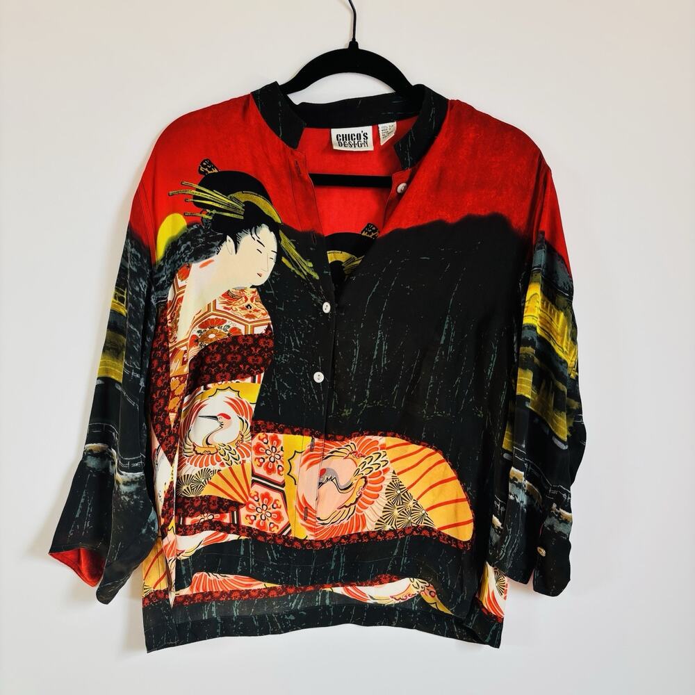 Vintage Chicos Design Asian Geisha Blouse Y2K Silk Flowy Button Down Size 0 / S
